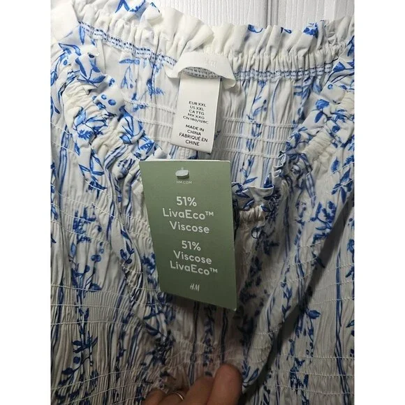 H&M Blue White Floral Dress Off The Shoulder Small Smocked Puff Sleeve NWT XXL - Picture 4 of 5